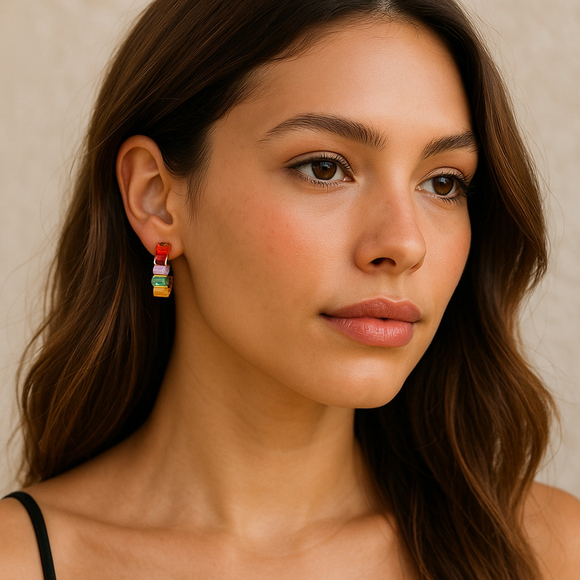 Y2K Rainbow Gem Huggie Hoop Earrings Gold Tone Color Block - Picture 1 of 7